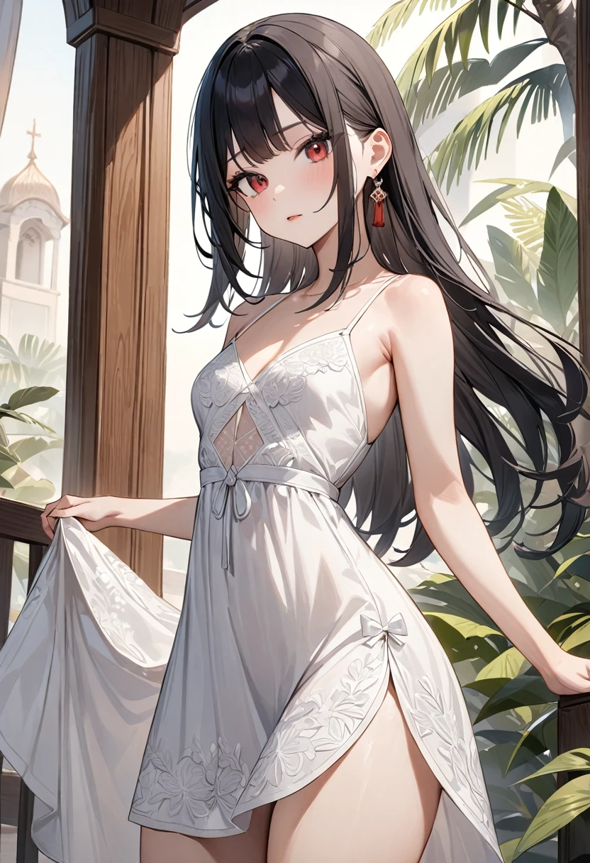 (masterpiece, top quality, very aesthetic, 4k、illustration), intricate detail, 1woman,、solo,contrapposto 、,(cowboy shot)、(),beautiful face、、clear face、straight hair、black hair、,middle hair,sidelock ,red　eyes、Summer Dresses、small breasts、Slim 、