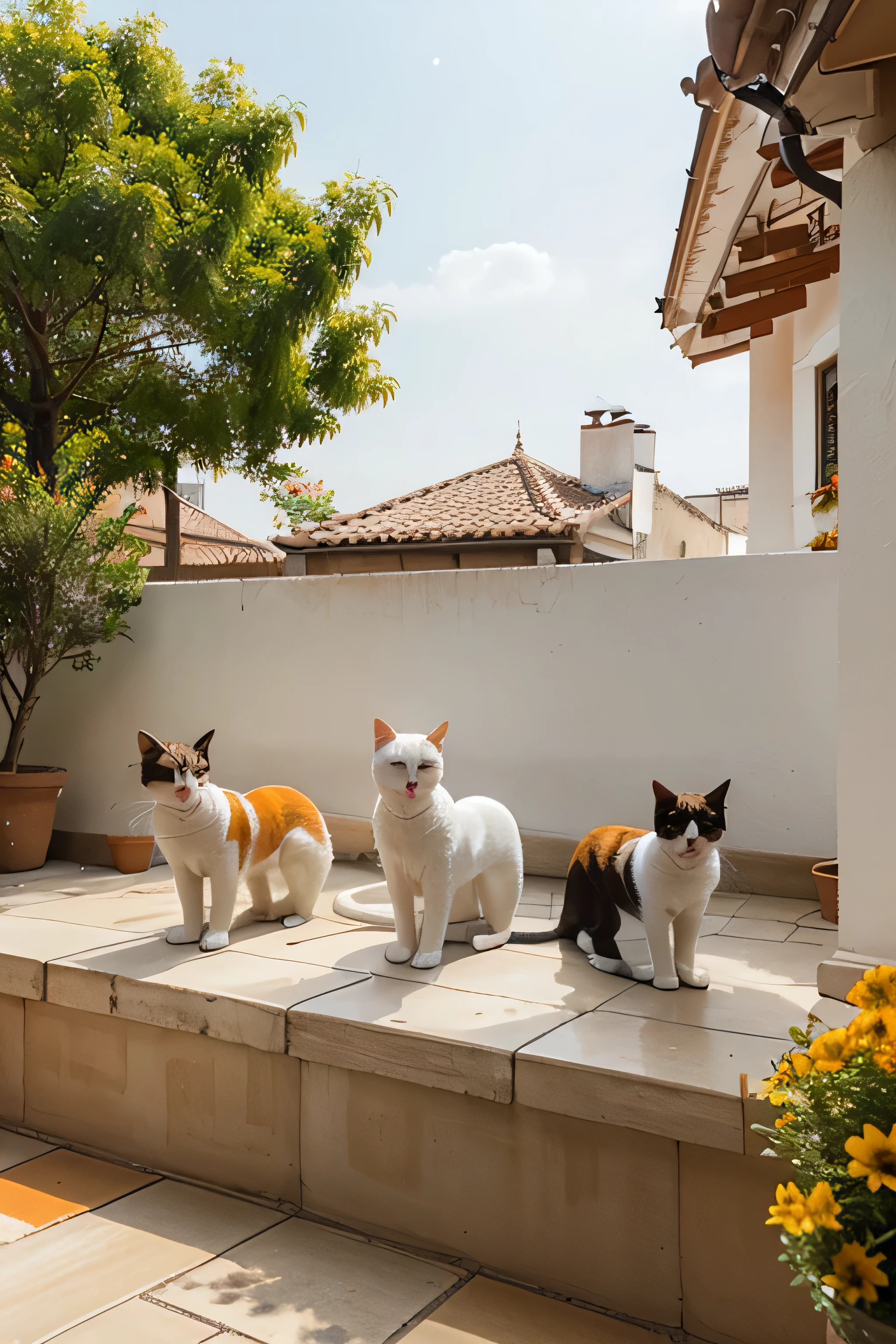 three cats, white, orange, and orange with white, was sitting on the terrace of the house.