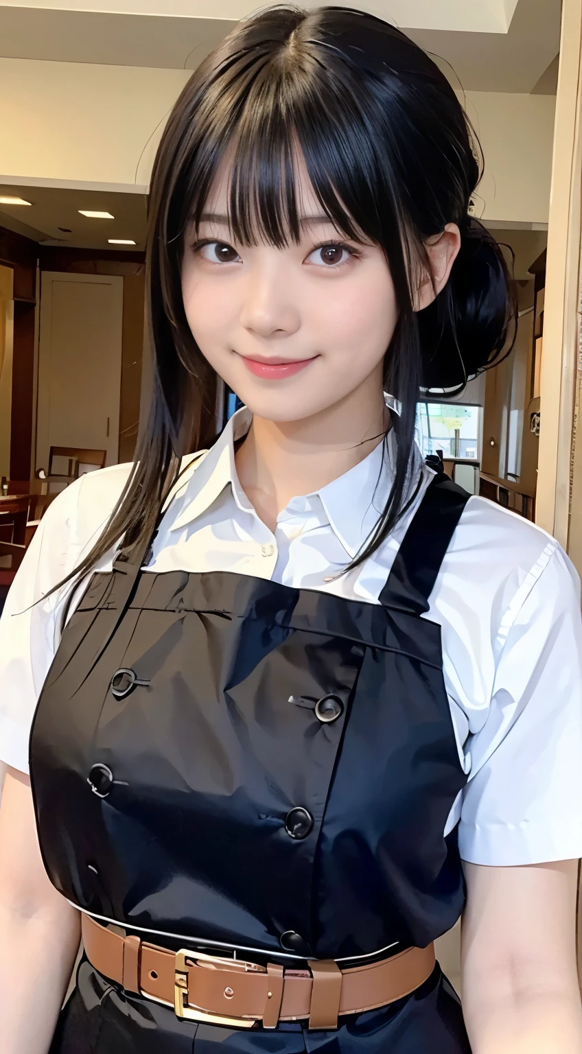 (Highest quality,masterpiece:1.3,Ultra-high resolution,),(Very detailed,Caustics),(Realistic:1.4,RAW shooting,)Ultra-Realistic Capture,Very detailed,High resolution 16K human skin closeup。 Natural skin texture、,pores、、、、It must be detailed enough to be easily identifiable。 Skin tone is even and healthy looking。 Use natural light and colour,restaurant,Waitress Uniform,1 girl,Japanese,18-year-old,cute,Black-haired,ponytail,Big Breasts,smile,Turn your body forward,(Front view:1.1),Looking into the camera,Cowboy Shot,