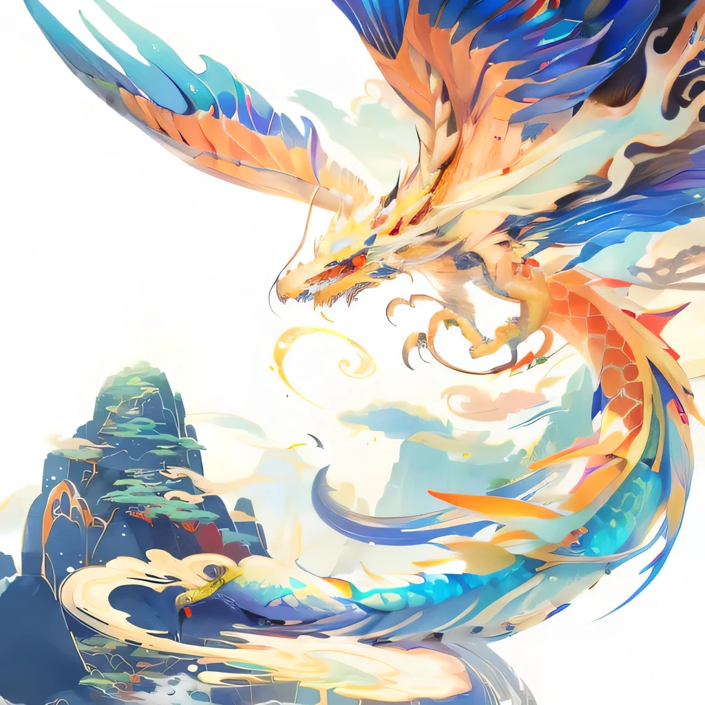 Brightly colored Chinese watercolor dragon flying over mountains with sky background, Dragon Art, Chinese ink dragon inspired, A beautiful artistic illustration, Colorful concept art