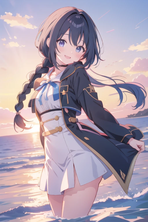 Anime Style, In the sky, Across the sea, Open both eyes, Girl with braided black hair、In the sunset, smile, masterpiece, 4K, Detailed face, Good anatomy, highlight,  