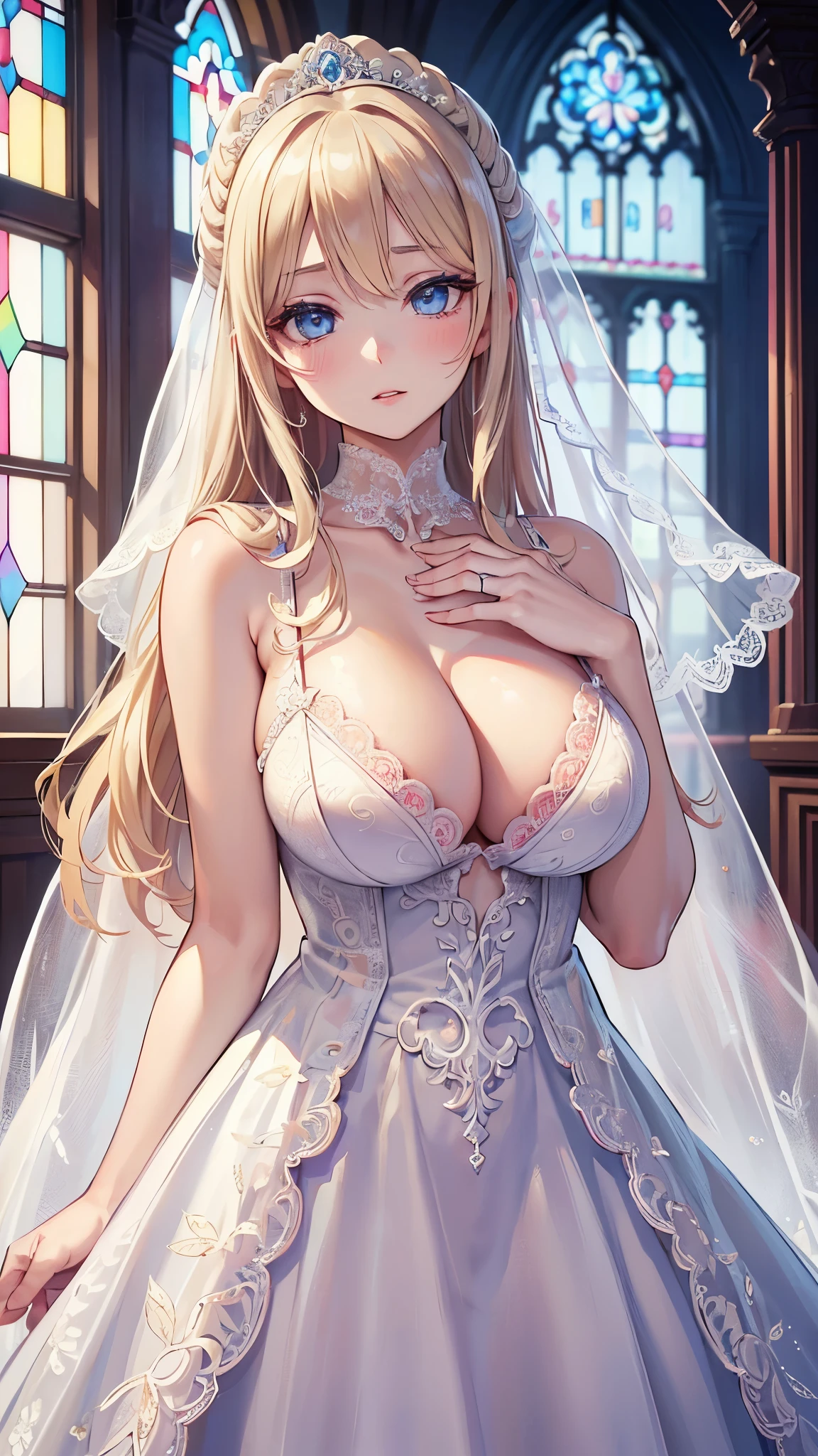 (masterpiece, 最high quality, 超High resolution, Very detailed), (Realistic:1.1, photoRealistic:1.4), Perfect illustration, Perfect lighting,Hair in perfect detail, Perfect and detailed face, Perfect collarbone, Perfect body,Juicy breasts,View your viewers, 1 Girl,Perfect Face, (Perfect Anatomy, Anatomically correct), Symmetrical face、((Shiny Hair)),Sexy Body、(masterpiece),(最high quality:1.3),8k,Very clear,(Ultra-realistic),,Captivating woman,(high quality, High resolution, Fine details), Realisticなスタイルの女性,Juicy breasts、One perfect woman、Perfect Face、Symmetrical face、Baby Face、(Are standing)、((Large Breasts))、Cleavage、belly button、blush、((Juicy lips))、Cowboy Shot、((Straight Blonde Hair))、((Big double blue eyes、Long eyelashes))、((Red makeup))、(((Gorgeous and elegant wedding dress)))、(((A pure white wedding dress with delicate and intricate lace embroidery.)))、(Association、Large stained glass windows)