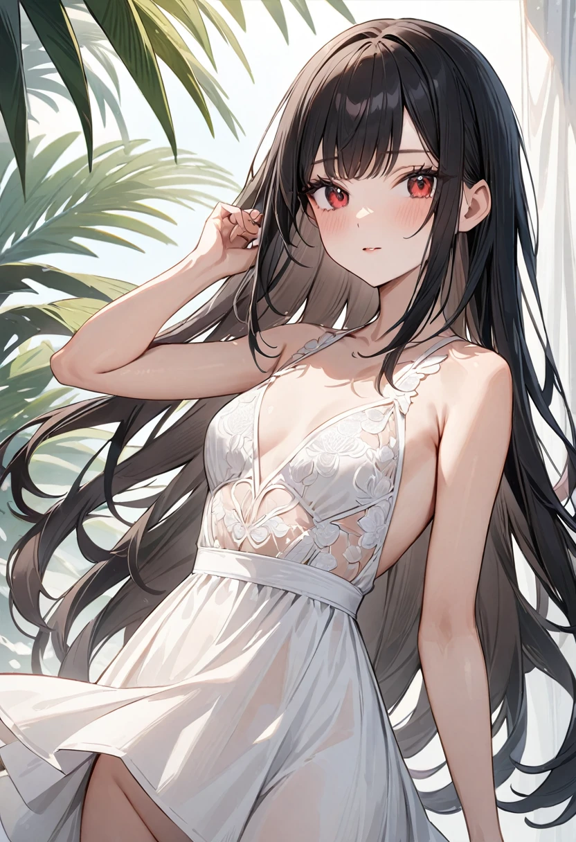 (masterpiece, top quality, very aesthetic, 4k、illustration), intricate detail, 1woman,、solo,contrapposto 、,(cowboy shot)、(),beautiful face、、clear face、straight hair、black hair、,middle hair,sidelock ,red　eyes、white Summer Dresses、small breasts、Slim 、
