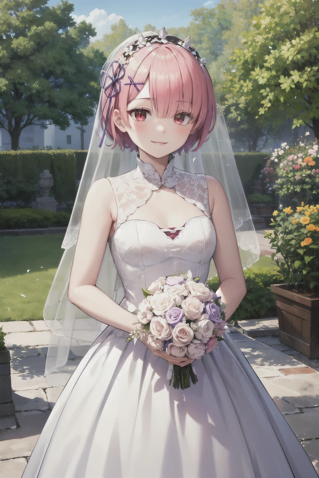 masterpiece,Highest quality,High resolution,Very detailed,Arlam,short hair,Hair on one eye,bangs,Hair Ribbon,Purple ribbon,x Hair accessories,Small breasts,(Wedding dress:1.2),White Dress,garden,smile,Outdoor,Are standing,Cowboy Shot,Holding a bouquet