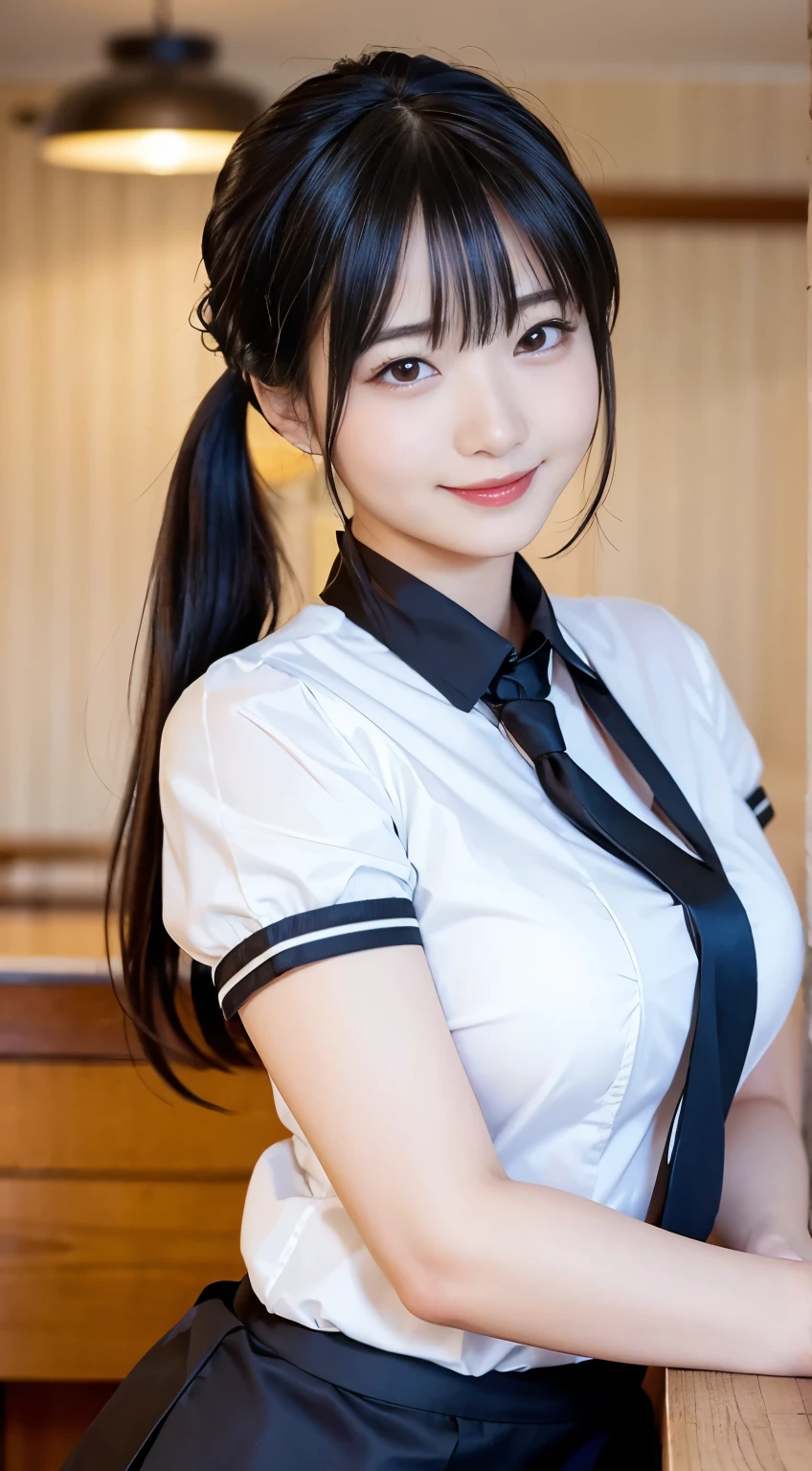 (Highest quality,masterpiece:1.3,Ultra-high resolution,),(Very detailed,Caustics),(Realistic:1.4,RAW shooting,)Ultra-Realistic Capture,Very detailed,High resolution 16K human skin closeup。 Natural skin texture、,pores、、、、It must be detailed enough to be easily identifiable。 Skin tone is even and healthy looking。 Use natural light and colour,restaurant,Waitress Uniform,1 girl,Japanese,18-year-old,cute,Black-haired,ponytail,Big Breasts,smile,Turn your body forward,(Front view:1.1),Looking into the camera,Cowboy Shot,