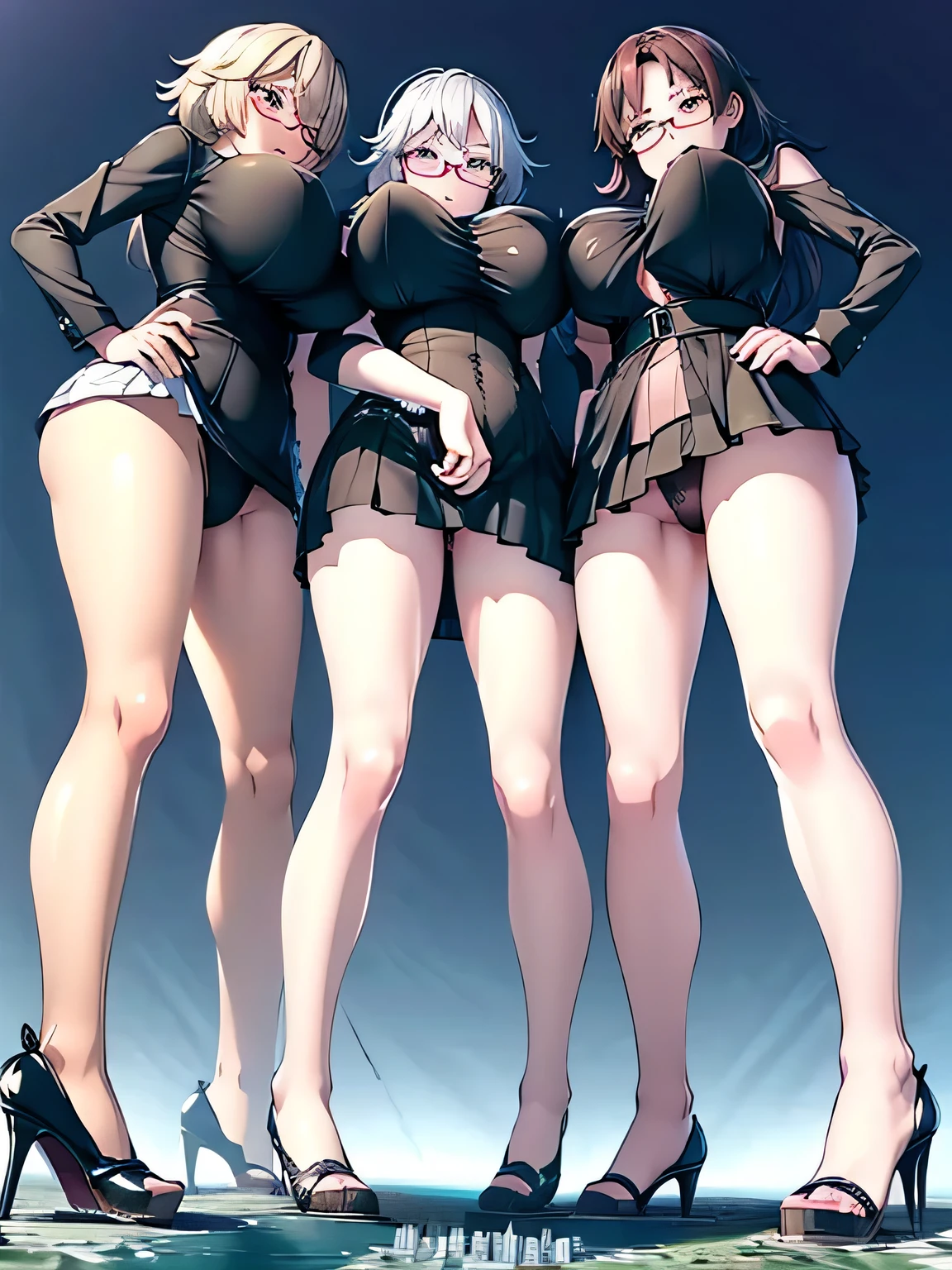 multiple girls, 3girls, standing, giantess art, highly detailed giantess shot, giantess, most detailed, perfect face, two legs, five fingers, short hair, beautiful girl bigger than a skyscraper, wearing rimless glasses, smiling, huge breasts, underwear, black pantyhose, stiletto heels, under heavy attack, seaside metropolis, ocean, numerous miniature warships on the sea, very small metropolis, miniature metropolis, full body depiction, GTS, giga giantess, gigagts, trampling city, crush city, tiny city, micro city, high resolution, best quality, masterpiece,