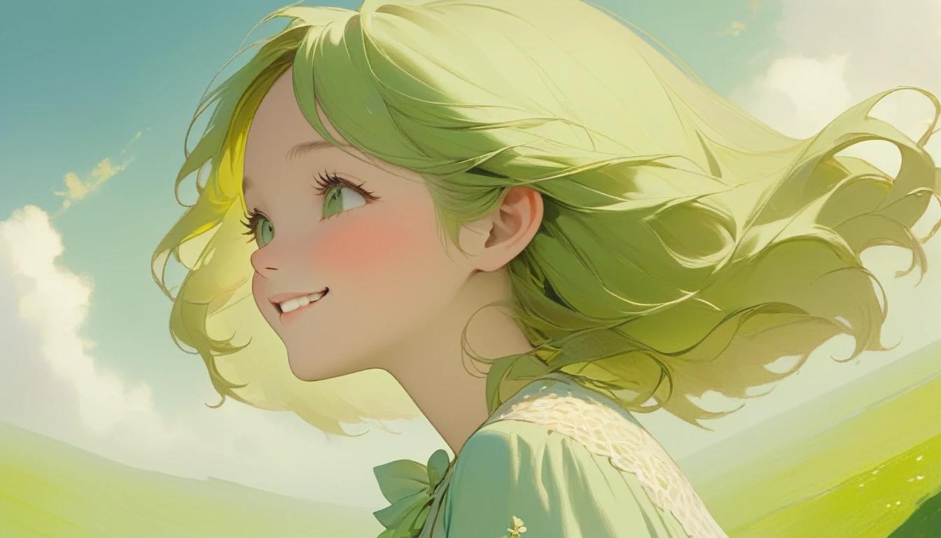 a beautiful young girl, cute face, smiling, side profile, looking up at sky, soft green color palette, detailed face, delicate features, porcelain skin,no teeth