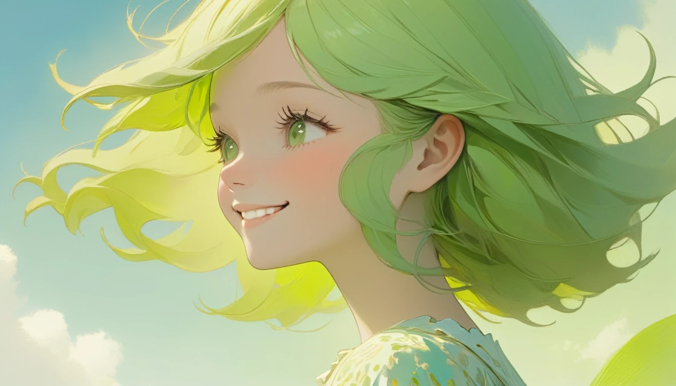 a beautiful young girl, cute face, smiling, side profile, looking up at sky, soft green color palette, detailed face, delicate features, porcelain skin,no teeth