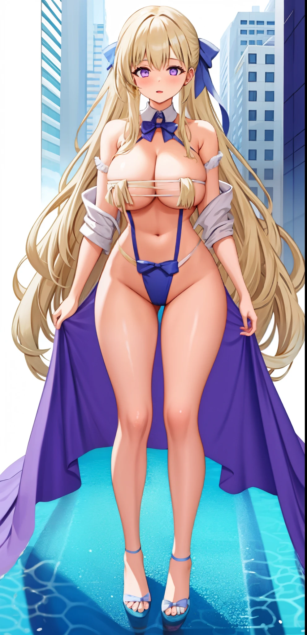 girl,Large Breasts,long hair,Topless,Bow,Blonde Hair, Purple Eyes, Cleavage,Large Breasts,whole body,NUDE