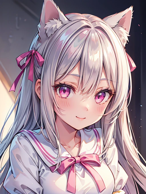 Highly detailed face,fine grain,Highlighted eyes, medium breasts ,pretty girl, smile shyly,Cat ear,Beautiful silver hair,Pink inside,Beautiful pink eyes,shiny skin, beautiful shadow,White sailor uniform,ribbon, I want to send a letter to you
