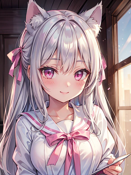 Highly detailed face,fine grain,Highlighted eyes, medium breasts ,pretty girl, smile shyly,Cat ear,Beautiful silver hair,Pink inside,Beautiful pink eyes,shiny skin, beautiful shadow,White sailor uniform,ribbon, I want to send a letter to you
