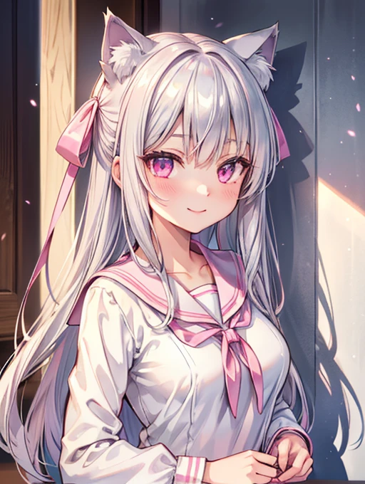 Highly detailed face,fine grain,Highlighted eyes, medium breasts ,pretty girl, smile shyly,Cat ear,Beautiful silver hair,Pink inside,Beautiful pink eyes,shiny skin, beautiful shadow,White sailor uniform,ribbon, I want to send a letter to you
