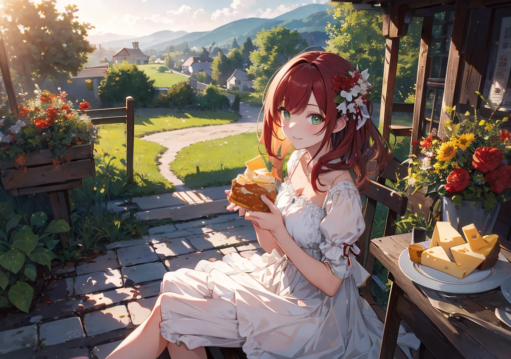 Realistic photos, Focus distance 10mm, Red and white, Beautiful girl, Realistic photos, Shooting at focus distance 10mm, masterpiece, 最high quality, high quality, Very detailed CG 8k wallpaper unit, Award-winning photography, Depth of written boundary, High resolution, bloom, chromatic aberration, Realistic, Very detailed, Art Station Trends, CGsociety Trends, Complex, High detail, dramatic, Art on the go, volumetric lighting, Cheese Course A beautiful girl in an elegant dress is enjoying a plate of colorful cheeses. The French countryside is in the background. The girl has medium-length red hair and soft green eyes