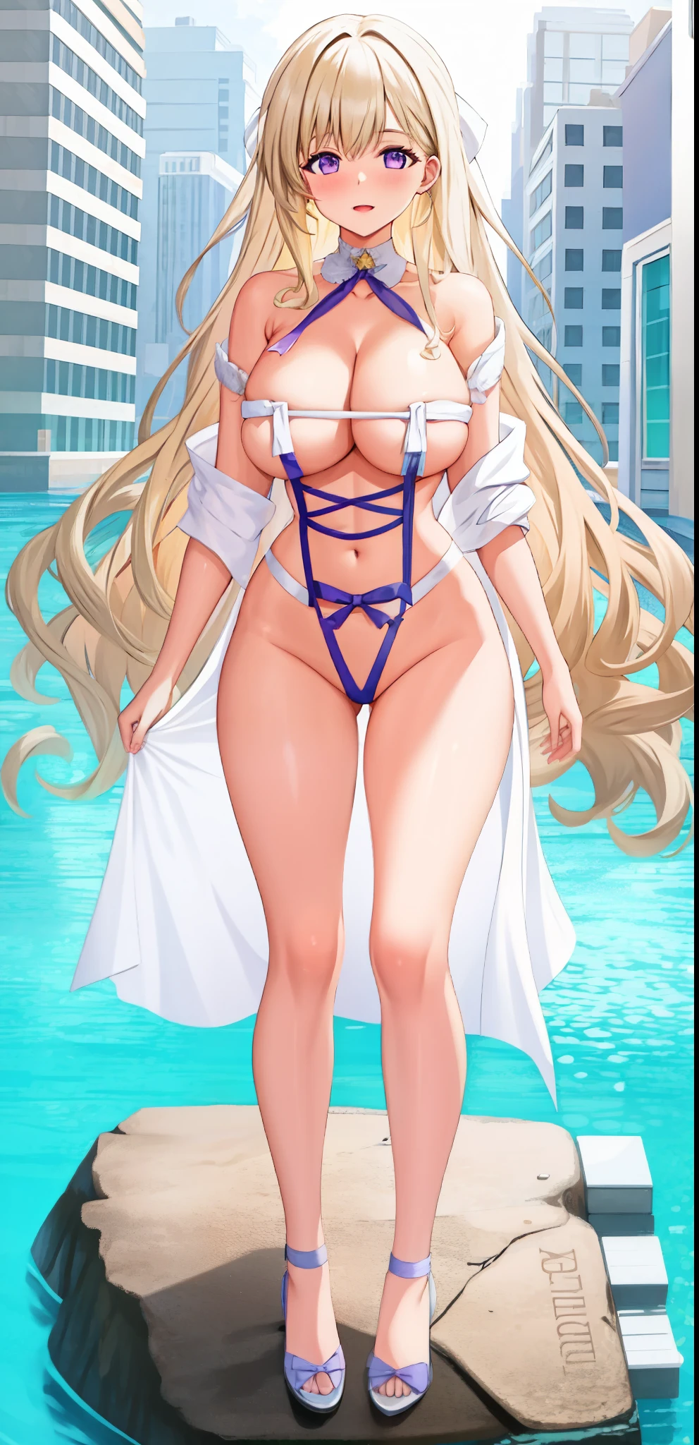 girl,Large Breasts,long hair,Topless,Bow,Blonde Hair, Purple Eyes, Cleavage,Large Breasts,whole body,NUDE