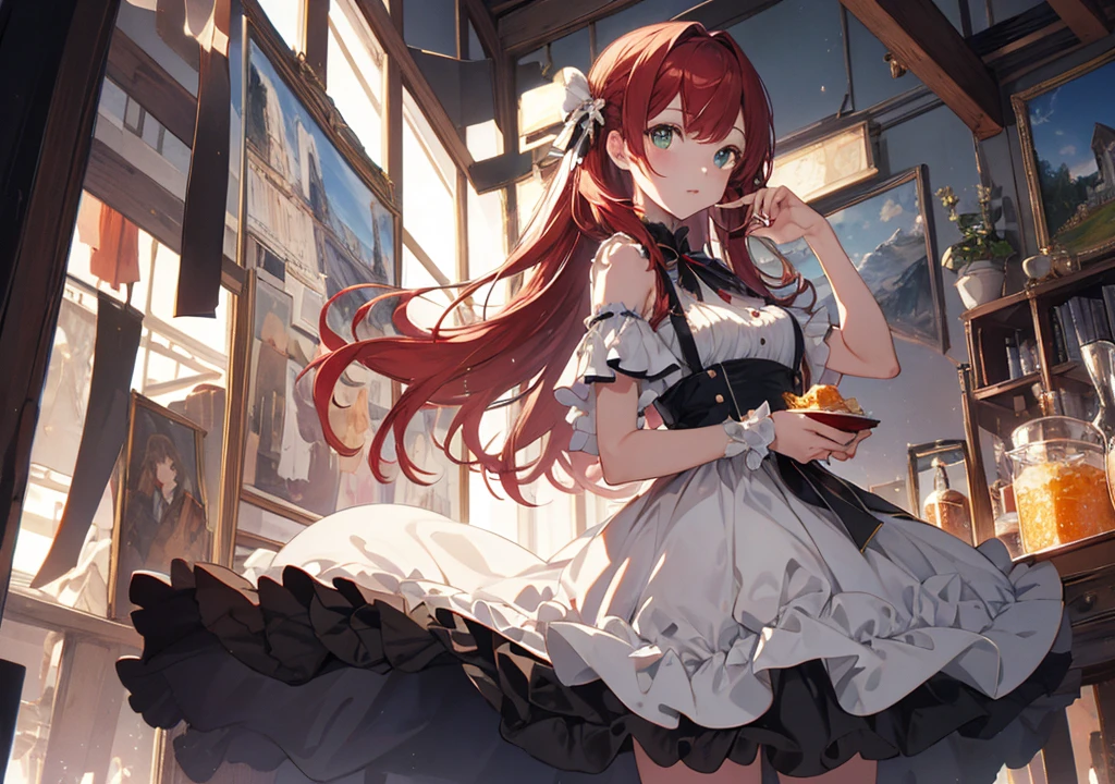 Realistic photos, Focus distance 10mm, Red and white, Beautiful girl, Realistic photos, Shooting at focus distance 10mm, masterpiece, 最high quality, high quality, Very detailed CG 8k wallpaper unit, Award-winning photography, Depth of written boundary, High resolution, bloom, chromatic aberration, Realistic, Very detailed, Art Station Trends, CGsociety Trends, Complex, High detail, dramatic, Art on the go, volumetric lighting, Cheese Course A beautiful girl in an elegant dress is enjoying a plate of colorful cheeses. The French countryside is in the background. The girl has medium-length red hair and soft green eyes
