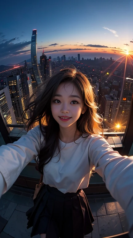 One girl, Korean, Fisheye Lens, Selfie, Wind, Messy Hair, sunset, Cityscape, (Aesthetics and atmosphere:1.2),smile