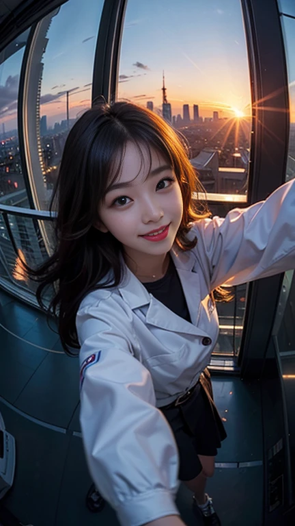 One girl, Korean, Fisheye Lens, Selfie, Wind, Messy Hair, sunset, Cityscape, (Aesthetics and atmosphere:1.2),smile