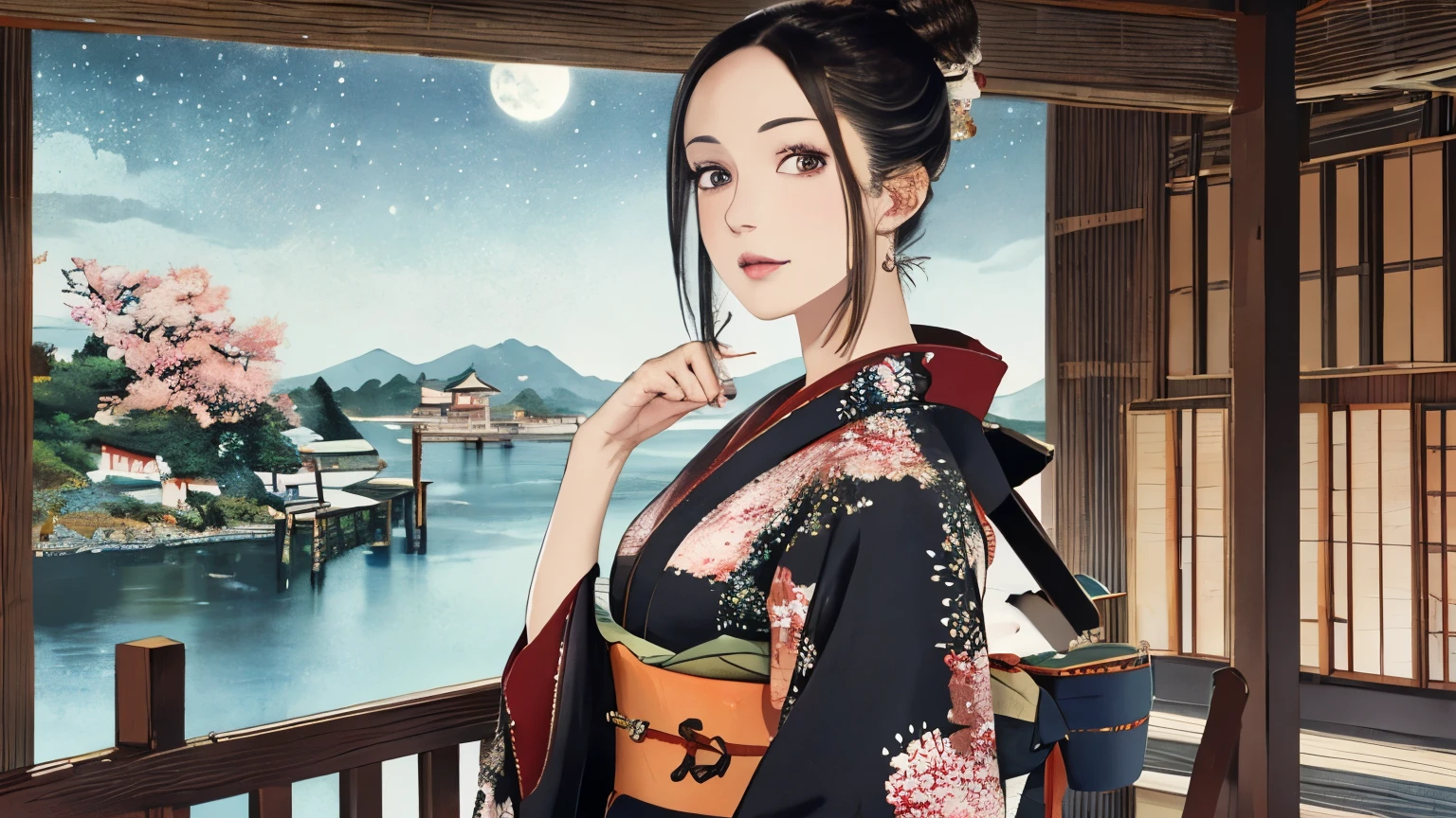 (Highest quality, 8k, masterpiece, High resolution), (whole body), Vibrant colors, Brown-black bob, Traditional topknot, Ample breasts, (Highly detailed face and eyes, Beautiful Face, Beautiful Eyes, Beautiful nose, Pretty lips), Official Art, Ukiyo-e style, (Beautiful woman in kimono), (Vivid floral patterned kimono), background, river, bridge, Mountain, wood, Starry Sky, moon, Detailed CG,