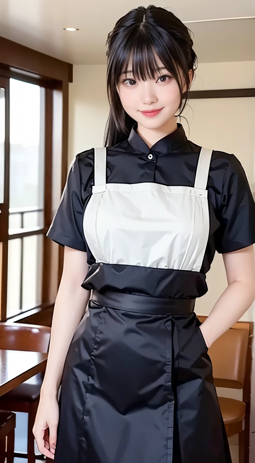 (Highest quality,masterpiece:1.3,Ultra-high resolution,),(Very detailed,Caustics),(Realistic:1.4,RAW shooting,)Ultra-Realistic Capture,Very detailed,High resolution 16K human skin closeup。 Natural skin texture、,pores、、、、It must be detailed enough to be easily identifiable。 Skin tone is even and healthy looking。 Use natural light and colour,restaurant,Waitress Uniform,1 girl,Japanese,18-year-old,cute,Black-haired,ponytail,Big Breasts,smile,Turn your body forward,(Front view:1.1),Looking into the camera,Cowboy Shot,