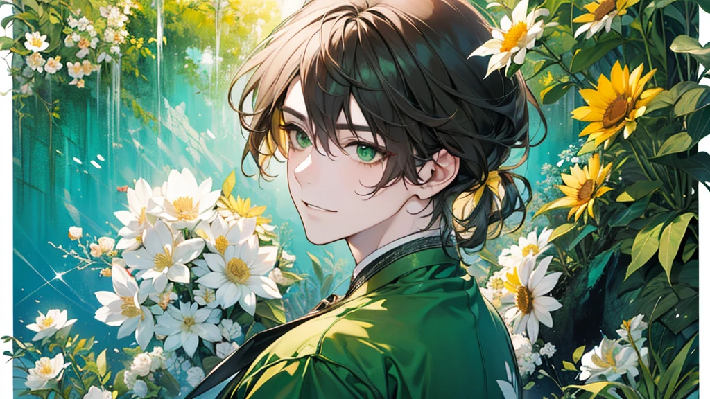 (Elderly men:1.45)、(masterpiece、Highest quality、Highest quality、Beautiful and beautiful:1.2)、(Excellent anatomy:1.5)、Painting of a man with long milky blonde hair、A shy smile、Sparkling eyes、blackい瞳、Looking into the camera、emerge from flowers and leaves、(a sunny day:1.45)、(Light green、yellow、green、black:1.2)、(Chinese Concept:1.25)、(Rear view:1.5)、Face close-up、((whole body:1.2))