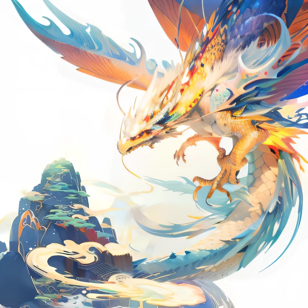 Brightly colored Chinese watercolor dragon flying over mountains with sky background, Dragon Art, Chinese ink dragon inspired, A beautiful artistic illustration, Colorful concept art