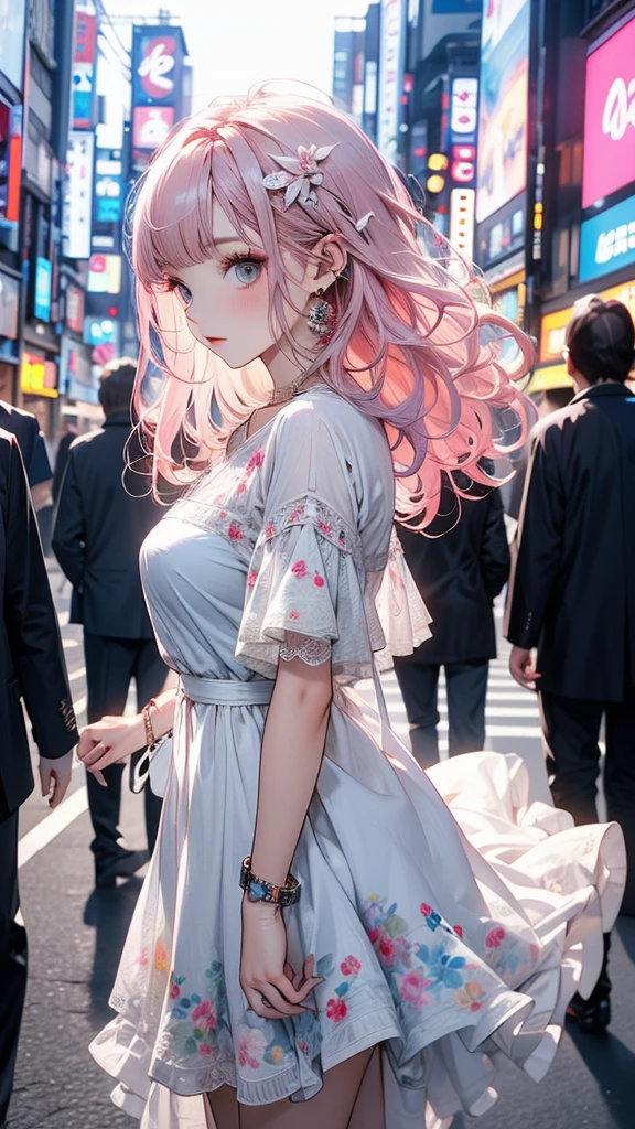 Tokyo, Kabukicho, Long hair blowing in the wind, Pink Hair, High resolution, dress