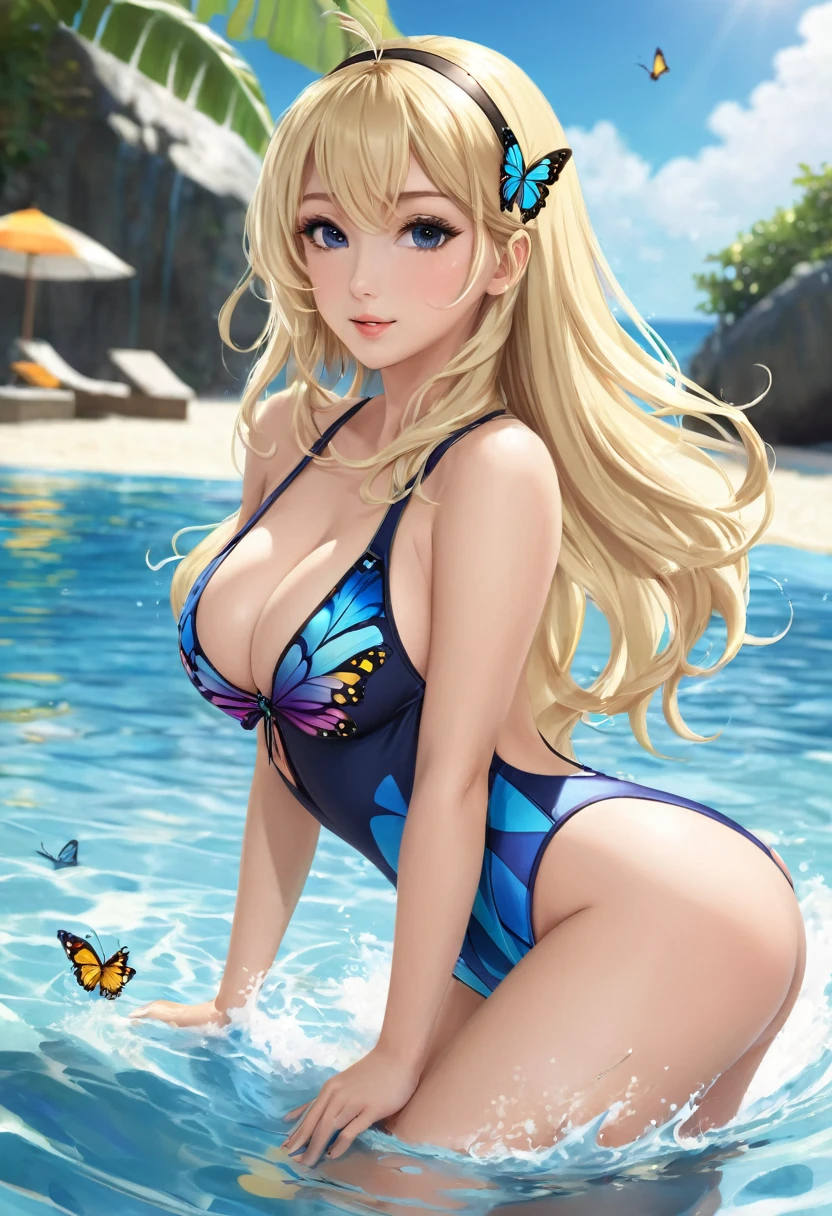 One girl, Long Hair, Blonde, Large Breasts, High resolution, High leg competitive swimsuit,butterfly hair accessories,