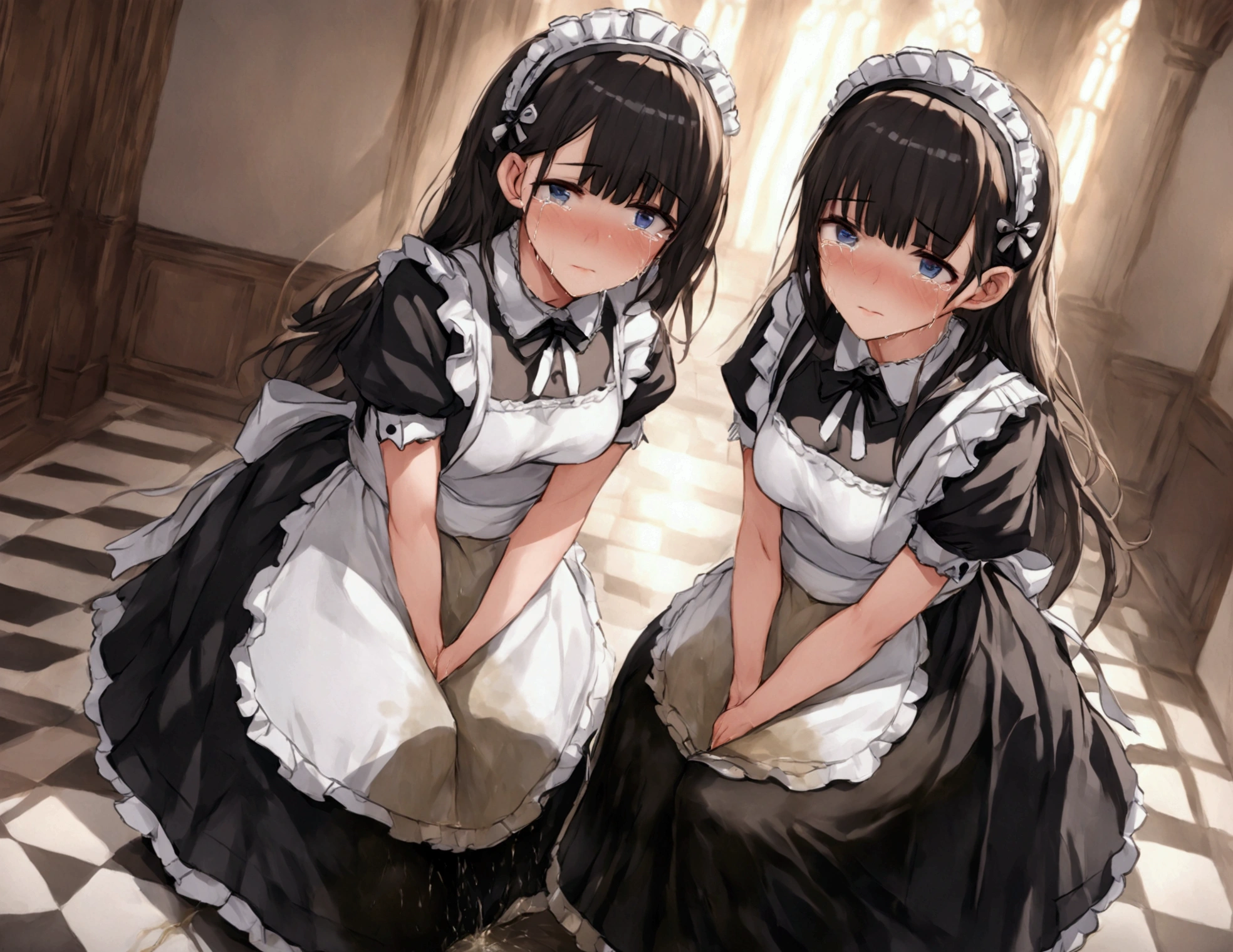 (masterpiece, Best quality, 8 K, Sharp Focus, depth of field, BEST SHADOWS, Perfect light, HDR, realistic skin texture, Ultra detailed Background, detail), anime style, harem.  3 girls.  Maids.  long hair.  beautiful eyes, Perfect eyes, expressive eyes, beautiful nose, perfect facial features, Ideal anatomical body.  beautiful long legs.  Maids uniform. medium breast, beautiful breasts.  Girls can&#39;t stand straight. knees together, feet apart. They want to pee, they need to pee.  They have a strong, desperate to pee They keep their hands on the crotch.  They squeeze their crotches tightly. They rub their crotches.  .    They pee for themselves.   They pee in panties.    They piss on the floor.  3 girls peed while standing.  Redness, Embarrassment.  Offensively, There are tears in my eyes.    They&#39;re crying.    full length, in the whole body.  Hall of the mansion.