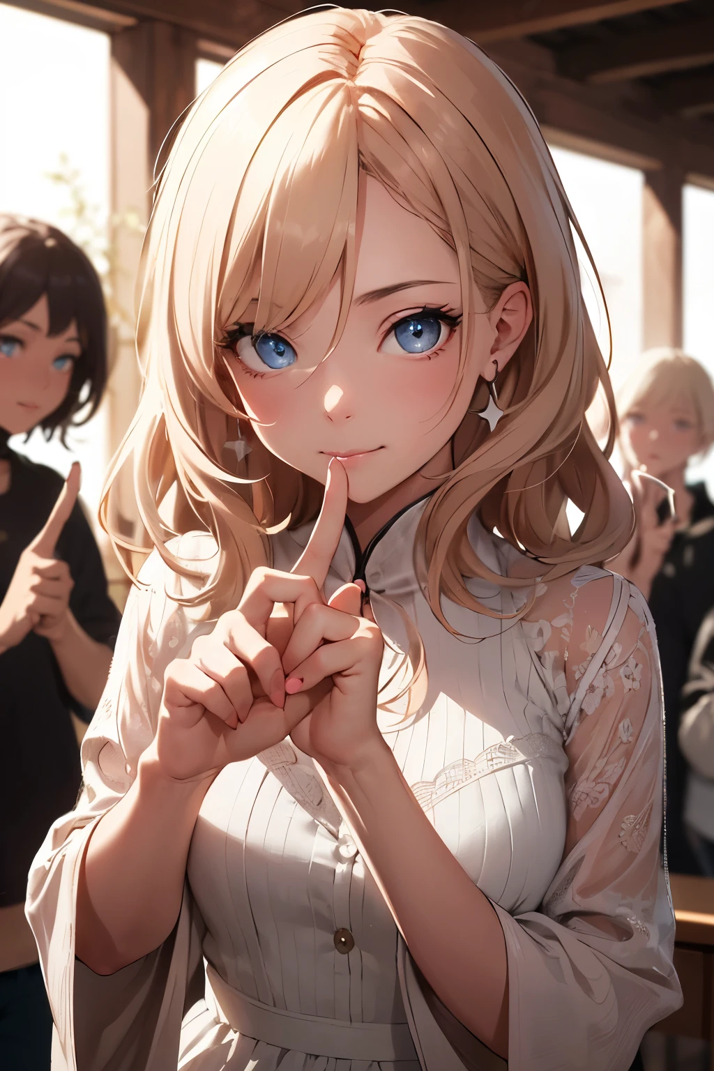((Highest quality)), ((masterpiece)), (detailed), One girl, sexy,1 female, (Focus on the eyes, put your index finger in front of your mouth:1.5), A woman with a calm expression holds her index finger over her mouth "quiet" Pause, Soft pink and beige shades, Natural light casts soft shadows on the face, Soft wavy hair and smooth skin, Warm light shines in, A little star shining in your eyes, Long eyelashes, Soft lip lines, Natural three-dimensional effect, A kind smile, ((masterpiece)), ((Highest quality)), (非常にdetailed), (非常にdetailed)), 4K, (8k), so beautiful, Absurd, High resolution,