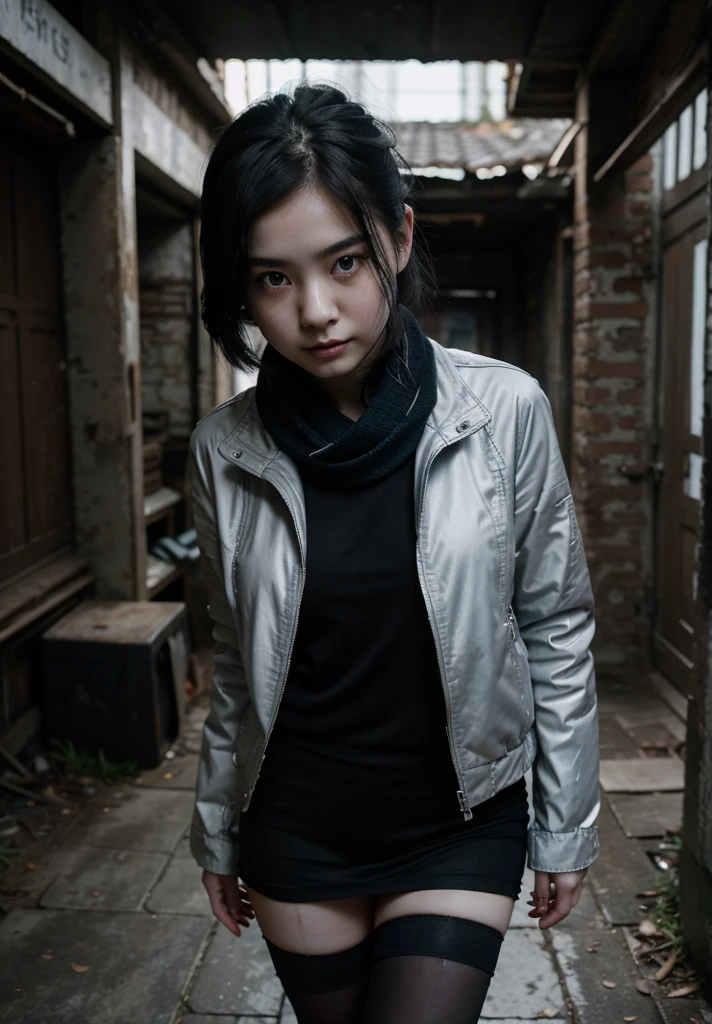 Young woman, Chinese girl, Wear a jacket., black leggings, gray stockings, blue scarf, naked woman, full body, Visible when a naughty smile forms on her lips., naked, Unleash an aura of mystery and power., Her short black hair is messy., Add Scruffy, look fierce. his eyes, dark white, no retina, Leaving a strange feeling, Deep dark circles stand out on her pale skin., It shows that she looks tired and haunted., The surrounding environment was space and dark., The ruins bear witness to the passage of time and create an atmosphere of modernity..
