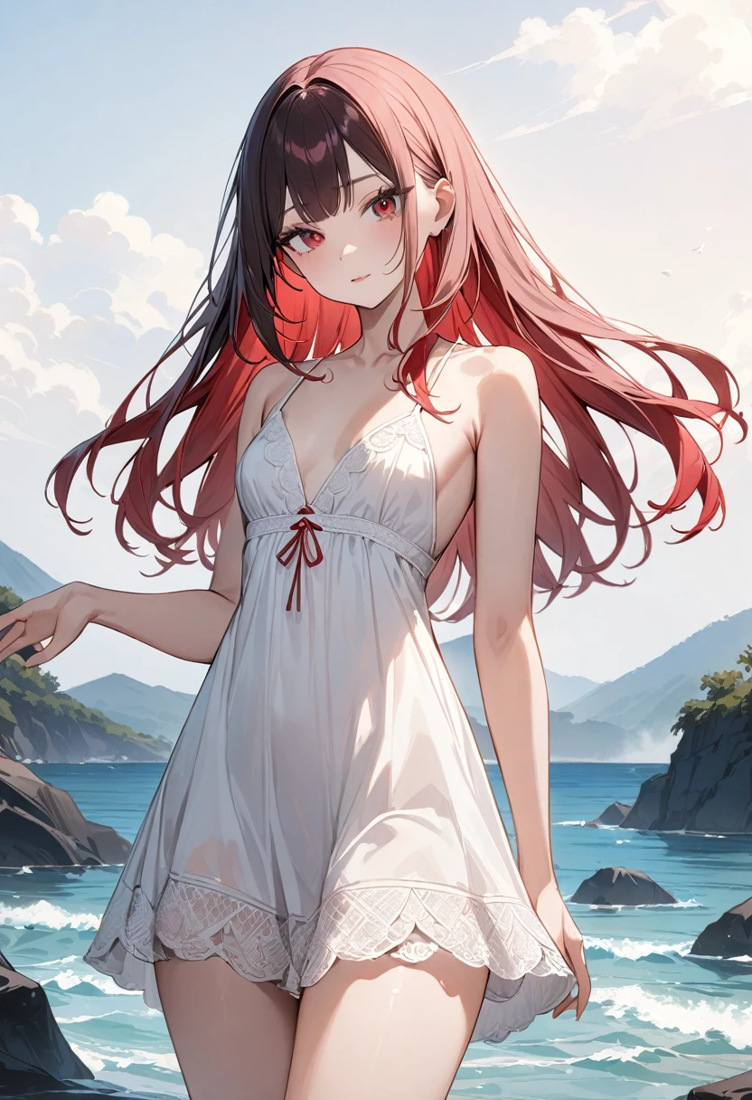 (masterpiece, top quality, very aesthetic, 4k、illustration), intricate detail, 1woman,、solo,contrapposto 、,(cowboy shot)、(),beautiful face、、clear face、straight hair、black to red gradient hair、,middle hair,sidelock ,red　eyes、white Summer Dresses、small breasts、Slim 、