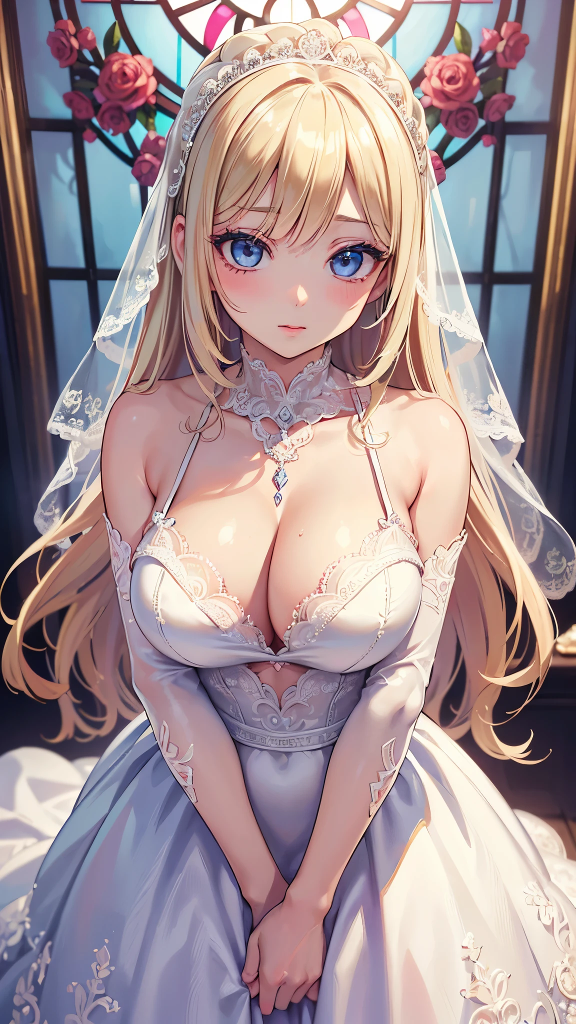 (masterpiece, 最high quality, 超High resolution, Very detailed), (Realistic:1.1, photoRealistic:1.4), Perfect illustration, Perfect lighting,Hair in perfect detail, Perfect and detailed face, Perfect collarbone, Perfect body,Juicy breasts,View your viewers, 1 Girl,Perfect Face, (Perfect Anatomy, Anatomically correct), Symmetrical face、((Shiny Hair)),Sexy Body、(masterpiece),(最high quality:1.3),8k,Very clear,(Ultra-realistic),,Captivating woman,(high quality, High resolution, Fine details), Realisticなスタイルの女性,Juicy breasts、One perfect woman、Perfect Face、Symmetrical face、Baby Face、(Are standing)、((Large Breasts))、Cleavage、belly button、blush、((Juicy lips))、Cowboy Shot、((Straight Blonde Hair))、((Big double blue eyes、Long eyelashes))、((Red makeup))、(((Gorgeous and elegant wedding dress)))、(((A pure white wedding dress with delicate and intricate lace embroidery.)))、(Association、Large stained glass windows)