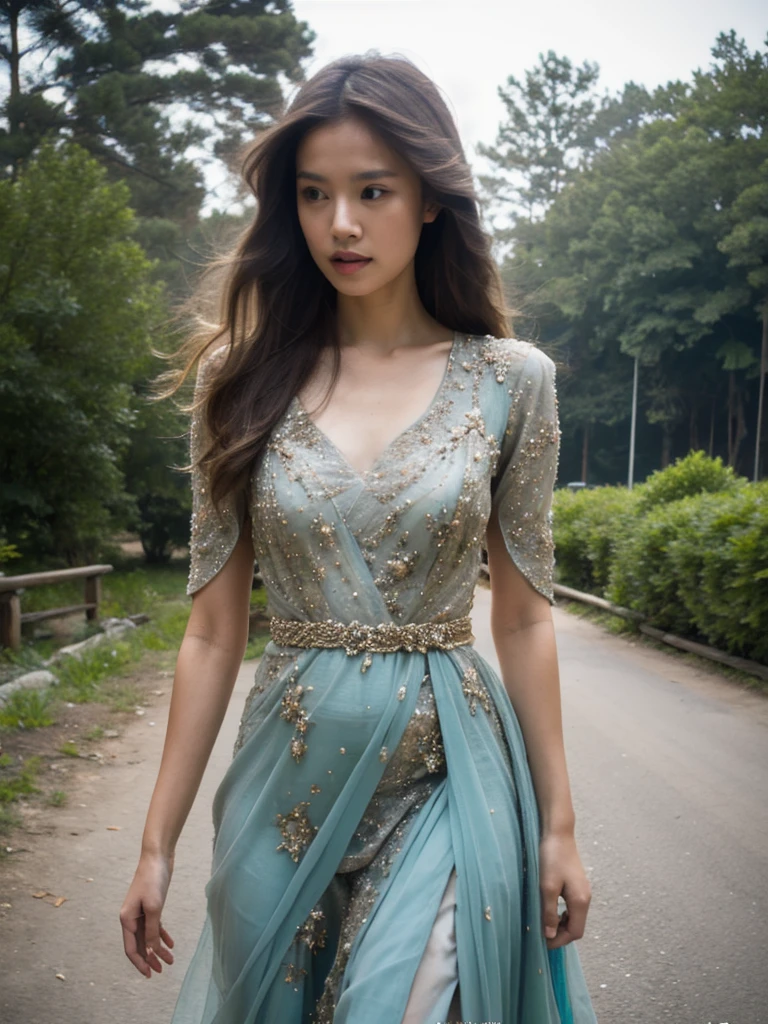 ((RAW,35mm)),((Masterpiece)),Ultra Realistic full frame half bare body photo, forest peril fallen out-cold paralyzed helpless on ground,beautiful brunette long wavy hair asian princess(oblong face,slim,height 180cm,34-24-34 body ratio,natural round chest),wearing majestic royal embroidery gown with long cape),intricate,detailed.[erotic dead body][falls gracefully][torn dress][revealing][eyes closed][open mouth][macabre], sharp image, UHD,8k, [Royo-Giger theme and style]