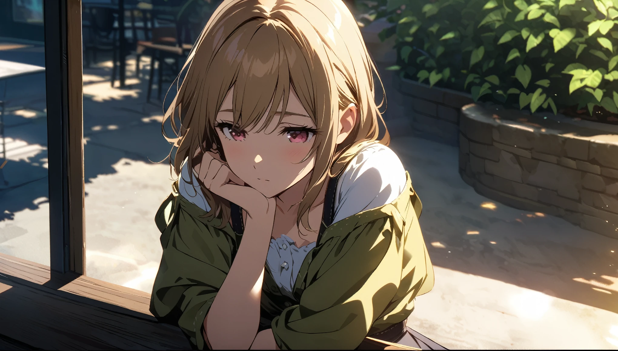 Highly detailed CG Unity 8k wallpaper), Outdoor Cafe,Beautiful young woman in a skirt in sunny weather, Looking out the window、Lost in Thought、Remembering a crush、Close your eyes、sit, full_body, dramatic, バックLight, Light, Volumetric Lighting, Delicate face, Simple Background、