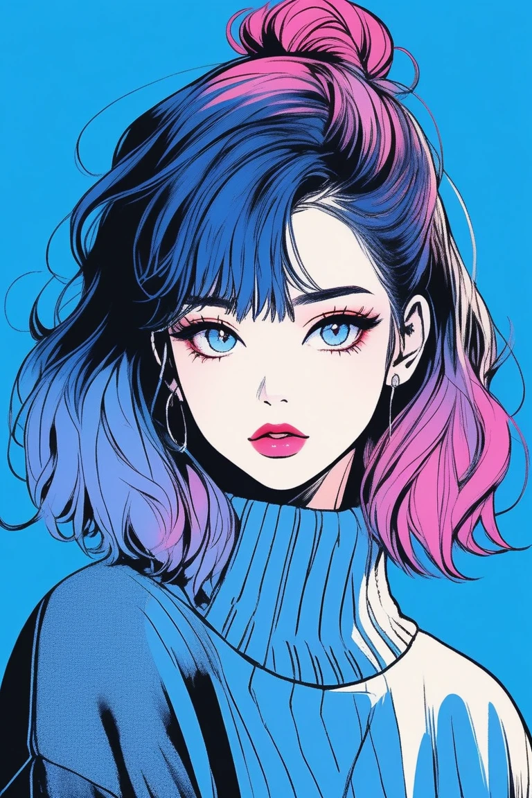 (Best quality, sketch:1.2),realistic,illustrator,anime,1 girl, detailed lips,sweater,custom,Blue gradient background,neon hair,Textured trim,Canadian, masterpiece, retro classic style, dark black