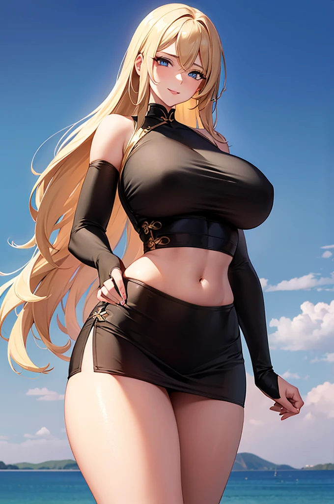 (Art: 1.2), (best quality: 1.2) 1 woman, mature, tall (1.85), She appeared to be around 28 years old, had long golden hair, straight and shiny hair, see blue eyes, extremely detailed, perfect eyes , extremely realistic eyes, well-aligned eyes, long eyelashes, anime style, perfect face, milf face, full lips, smiling, mature, clear skin, natural body, sexy body, MILF body, hands on waist, perfect hands, detailed hands, hands well proportioned to the body, realistic hands, arms with good anatomy, she wore an Chinese black and golden crop top, the crop top still couldn't hide her extremely large and huge breasts that were hanging down due to her size, she also wears a short black and golden skirt thick thighs, wide hips, Looking at the viewer, background scenery, scenery at a Chinese viewpoint on the edge of a lake, in the background posing the setting sun, alone Looking at the viewer, underboob, sideboob