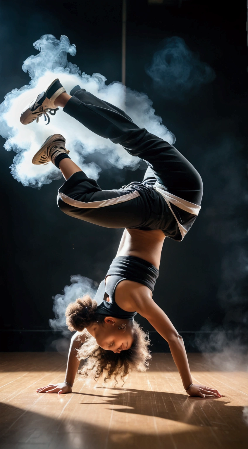 long exposure photo of a(hip-hop girl doing breakdance)in motion, lower angle shot++, close shot, ground side view,  spinning headstand dynamic motion, smoke trail following the movement, crop top and pants, blurred edges, slow shutter speed motion photography, shot on Fuji Film XT4 camera f/2. ISO 200,