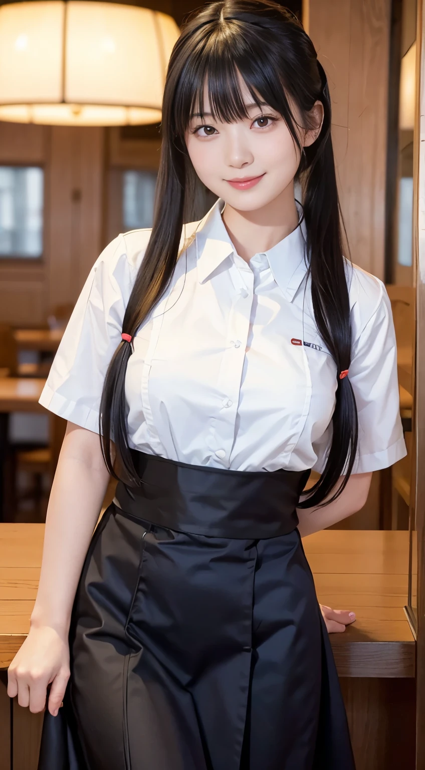 (Highest quality,masterpiece:1.3,Ultra-high resolution,),(Very detailed,Caustics),(Realistic:1.4,RAW shooting,)Ultra-Realistic Capture,Very detailed,High resolution 16K human skin closeup。 Natural skin texture、,pores、、、、It must be detailed enough to be easily identifiable。 Skin tone is even and healthy looking。 Use natural light and colour,restaurant,Waitress Uniform,1 girl,Japanese,18-year-old,cute,Black-haired,ponytail,Big Breasts,smile,Turn your body forward,(Front view:1.1),Looking into the camera,Cowboy Shot,