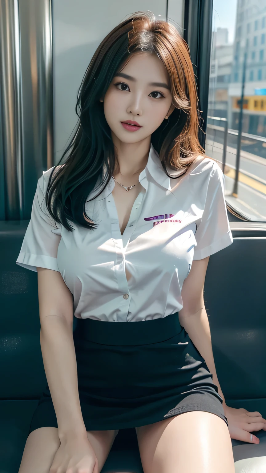 ８K,The last train with no one、subway、One beautiful woman、Face details、26yo, Beautiful face、F cup breasts、valley、Sitting in a seat、OL、Triangular face、Slender、Tight mini skirt、Being drunk、Sleeping、suit、Walking while being held by a man、Open your eyes,White business shirt