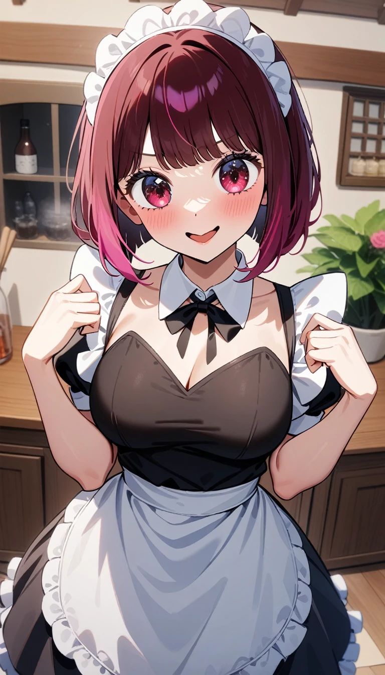 1girl, arima kana, oshi no ko,smile,maid,atractive,sexy,medival house,perfect hand,masterpiece,very aesthetic,newest,sensitive