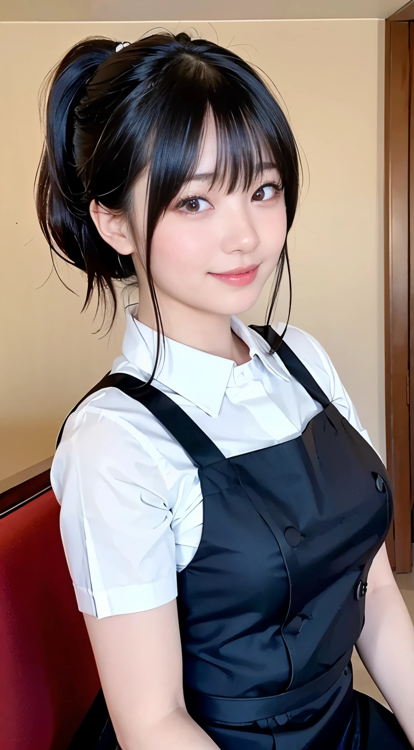 (Highest quality,masterpiece:1.3,Ultra-high resolution,),(Very detailed,Caustics),(Realistic:1.4,RAW shooting,)Ultra-Realistic Capture,Very detailed,High resolution 16K human skin closeup。 Natural skin texture、,pores、、、、It must be detailed enough to be easily identifiable。 Skin tone is even and healthy looking。 Use natural light and colour,restaurant,Waitress Uniform,1 girl,Japanese,18-year-old,cute,Black-haired,ponytail,Big Breasts,smile,Turn your body forward,(Front view:1.1),Looking into the camera,Cowboy Shot,