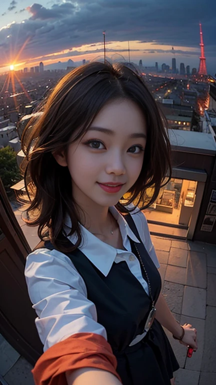 One girl, Korean, Fisheye Lens, Selfie, Wind, Messy Hair, sunset, Cityscape, (Aesthetics and atmosphere:1.2),smile