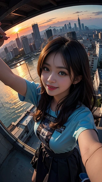 One girl, Korean, Fisheye Lens, Selfie, Wind, Messy Hair, sunset, Cityscape, (Aesthetics and atmosphere:1.2),smile