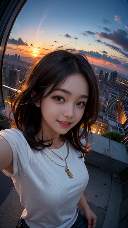 One girl, Korean, Fisheye Lens, Selfie, Wind, Messy Hair, sunset, Cityscape, (Aesthetics and atmosphere:1.2),smile