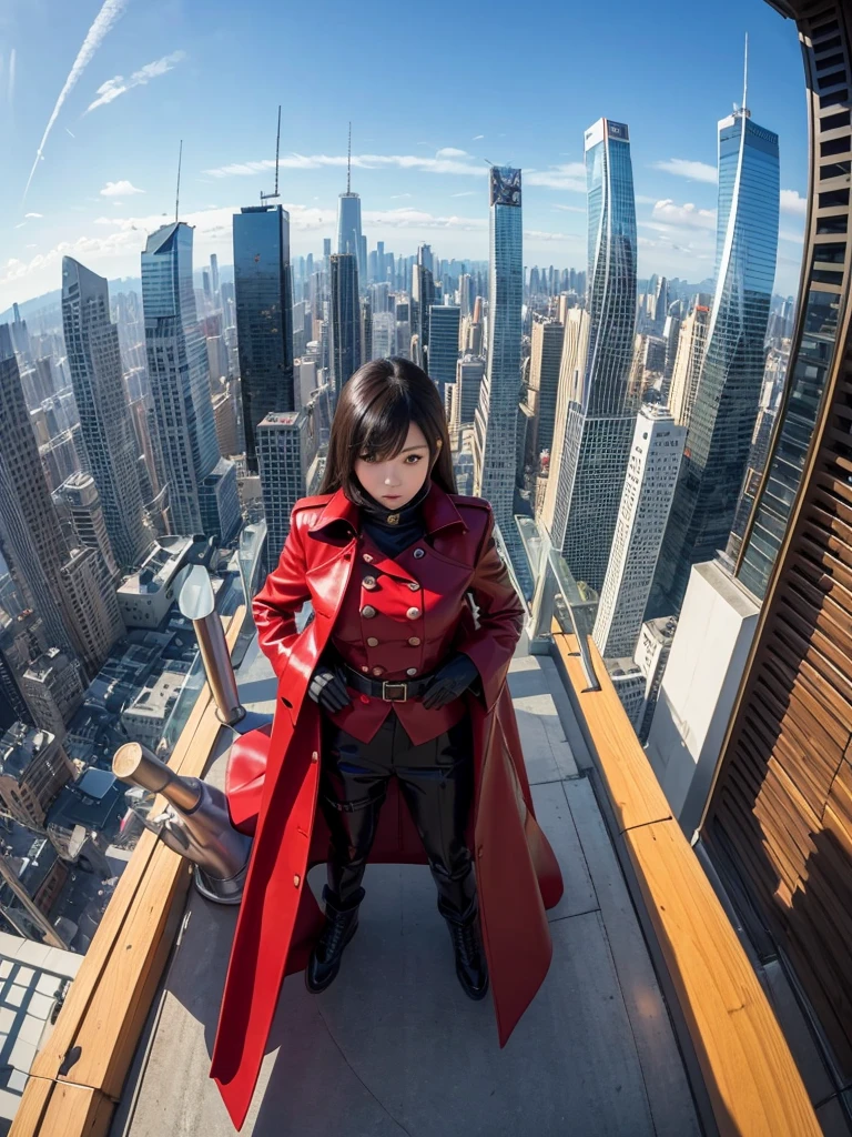 long view, high angle shot and fisheye effect A beautiful yet mysterious japanese woman, wearing a high collar coat, red leather, military uniform and cyber shoes, holding a big and long toys sniper rifle, action pose on the top of a skyscraper. wind effect, full body view. cinematography.