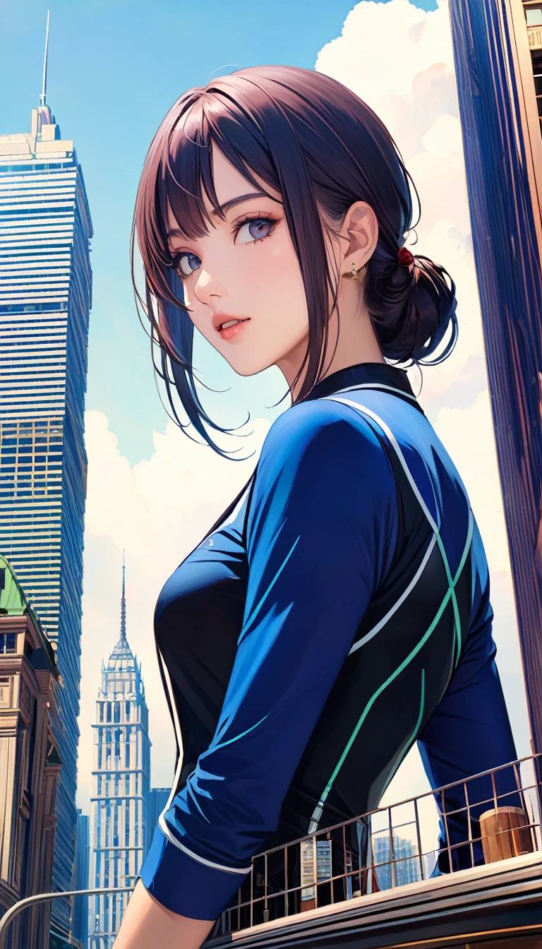 1girl,solo,portrait display,,looking below,city,sky,giantess,building,