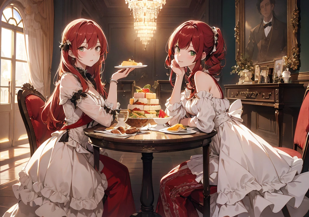 Realistic photos, Focus distance 10mm, Red and white, Beautiful girl, Realistic photos, Shooting at focus distance 10mm, masterpiece, 最high quality, high quality, Very detailed CG 8k wallpaper unit, Award-winning photography, Depth of written boundary, High resolution, bloom, chromatic aberration, Realistic, Very detailed, Art Station Trends, CGsociety Trends, Complex, High detail, dramatic, Art on the go, volumetric lighting, Cheese Course A beautiful girl in an elegant dress is enjoying a plate of assorted cheeses. The background is the warm lighting and luxurious interior of a fine dining restaurant. The girl has medium-length red hair and soft green eyes