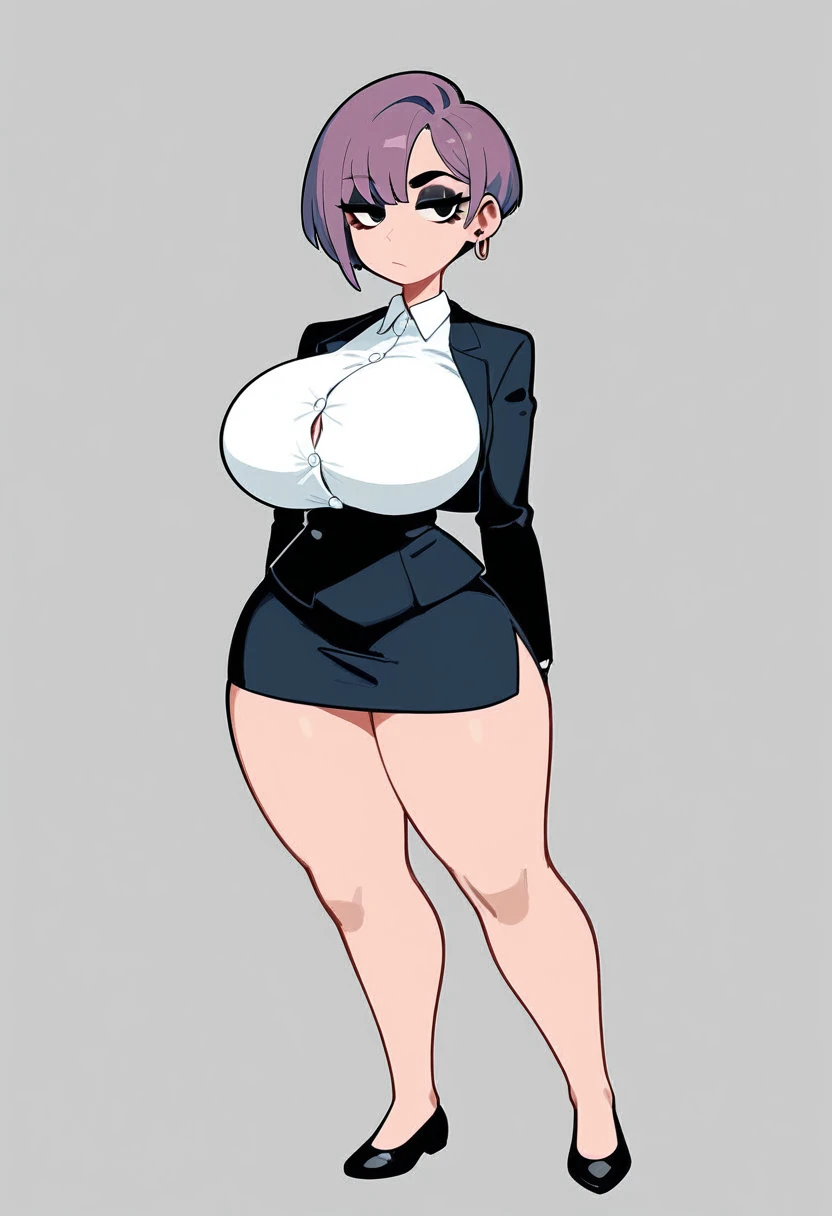 pale woman, short pixie cut purple hair, some hair on the back of her head, big earring, half lidded eyes, looking straight ahead, black eyeshadow, very massive huge breasts, very busty, small waist, wearing a very skin-tight white button up, tight black blazer, expressionless, wide hips, thick thighs, large thighs, long black pencil skirt, thick legs, wearing flats shoes, black footwear, slip on flats,  full body shown, standing, roommate