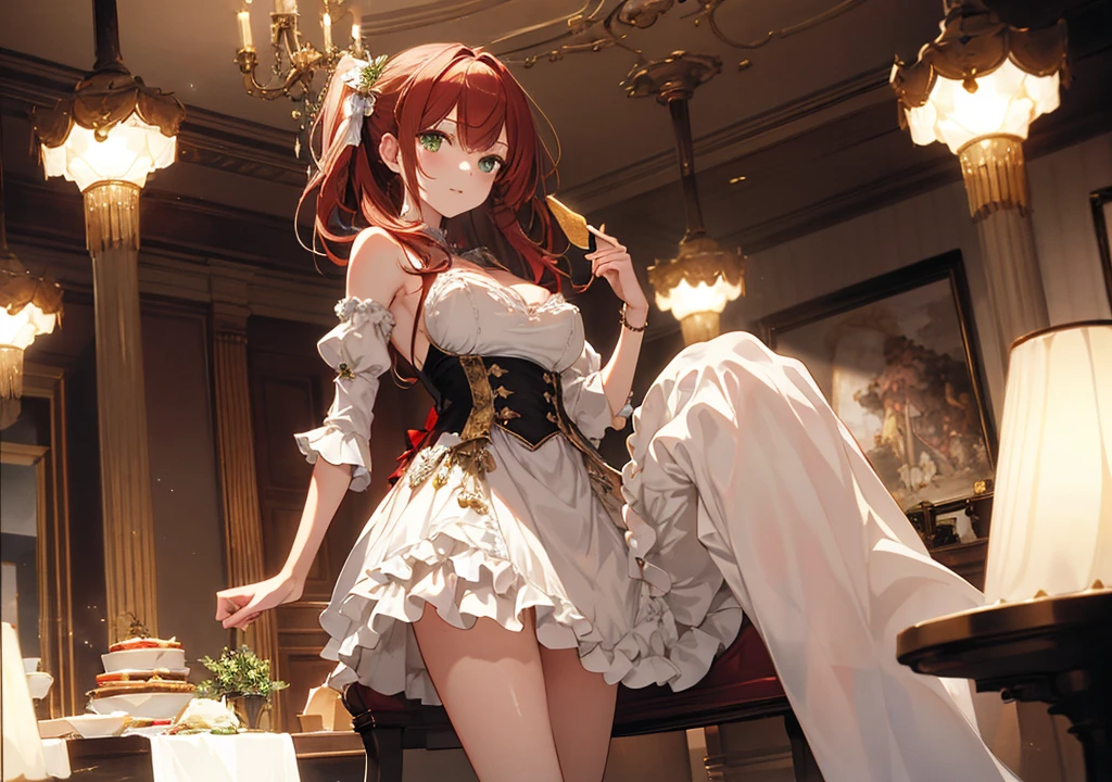 Realistic photos, Focus distance 10mm, Red and white, Beautiful girl, Realistic photos, Shooting at focus distance 10mm, masterpiece, 最high quality, high quality, Very detailed CG 8k wallpaper unit, Award-winning photography, Depth of written boundary, High resolution, bloom, chromatic aberration, Realistic, Very detailed, Art Station Trends, CGsociety Trends, Complex, High detail, dramatic, Art on the go, volumetric lighting, Cheese Course A beautiful girl in an elegant dress is enjoying a plate of assorted cheeses. The background is the warm lighting and luxurious interior of a fine dining restaurant. The girl has medium-length red hair and soft green eyes