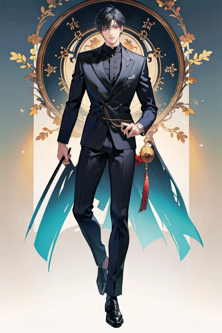 (masterpiece), best quality, seductive eyes, perfect face, handsome man, dark black eyes, messy short length black hair, brown skin, long nose, teacher uniform, full body, he's a teacher, extremely tall man, long legs, long calves, anime cover, 1boy, ear piercings, adult-like look, standing, manhwa character, male teacher, blackboard background